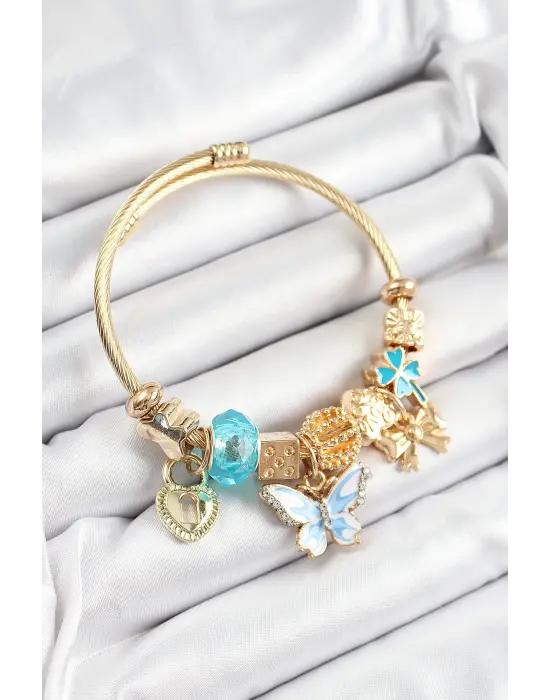 316L Çelik Mavi Zirkon Taşlı Kelebek Fiyonk Ve Kilit Model Gold Renk Charm Bileklik