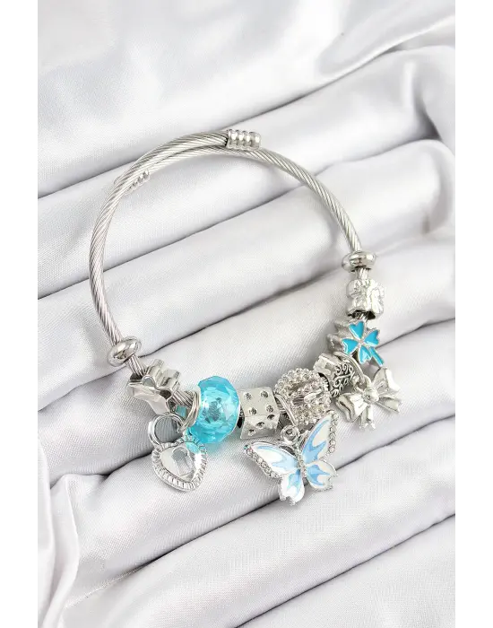 316L Çelik Mavi Zirkon Taşlı Kelebek Fiyonk Ve Kilit Model Gümüş Renk Charm Bileklik