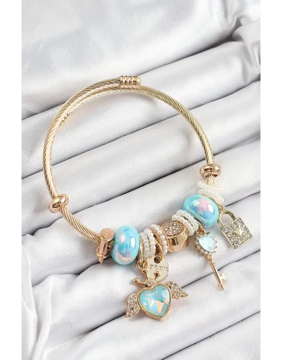 316L Çelik Mavi Zirkon Taşlı Kilit Anahtar Ve Kalp Model Gold Renk Charm BileklikCharm Bileklik