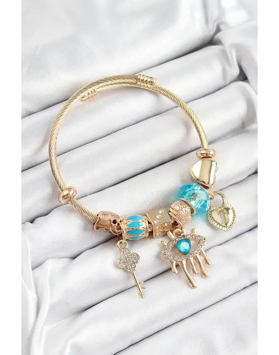 316L Çelik Mavi Zirkon Taşlı Kilit Göz Ve Anahtar Model Gold Renk Charm Bileklik