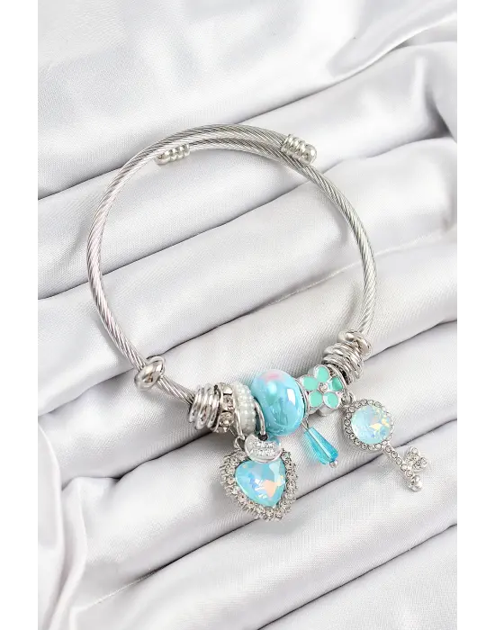 316L Çelik Mavi Zirkon Taşlı Yıldız Anahtar Ve Kalp Model Gümüş Renk Charm Bileklik