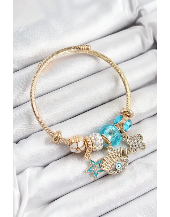 316L Çelik Mavi Zirkon Taşlı Yıldız Göz Ve Yonca Model Gold Renk Charm Bileklik