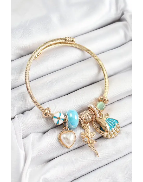 316L Çelik Mavi Zirkon Taşlı Yıldız Melek İstiridye Ve Kalp Model Gold Renk Charm Bileklik