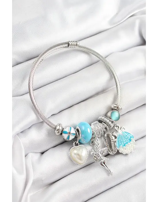 316L Çelik Mavi Zirkon Taşlı Yıldız Melek İstiridye Ve Kalp Model Gümüş Renk Charm Bileklik