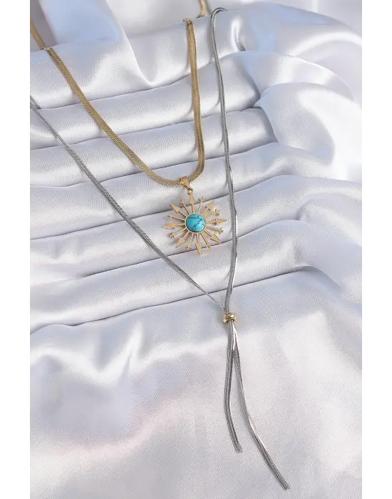  Mix  2li İtalyan Zincir Güneş Figür Uzun  Çelik Kolye