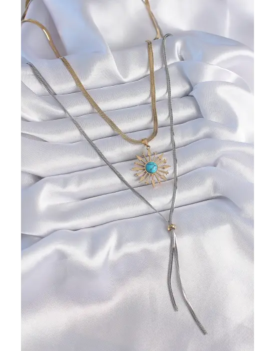  Mix  2li İtalyan Zincir Güneş Figür Uzun  Çelik Kolye