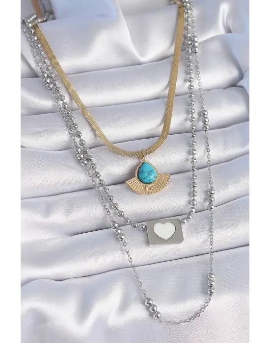  Mix  3lü Zincir Damla Madalyon Figür Uzun  Çelik Kolye