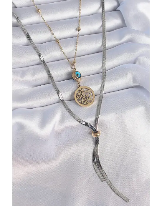  Mix  Filiz Figür Nazar Boncuk Detay Uzun  Çelik Kolye