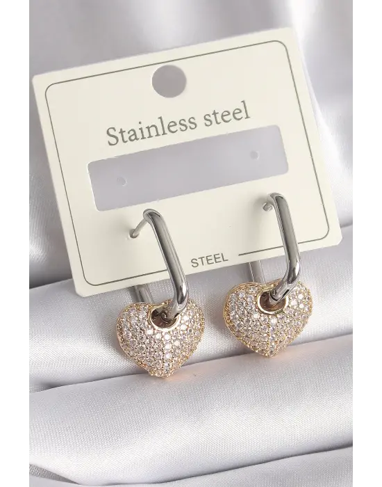   Mix Renk Altın Altın Zirkon Taşlı Kalp Model Çelik Küpe