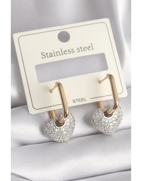   Mix Renk Gümüş Zirkon Taşlı Kalp Model Çelik Küpe