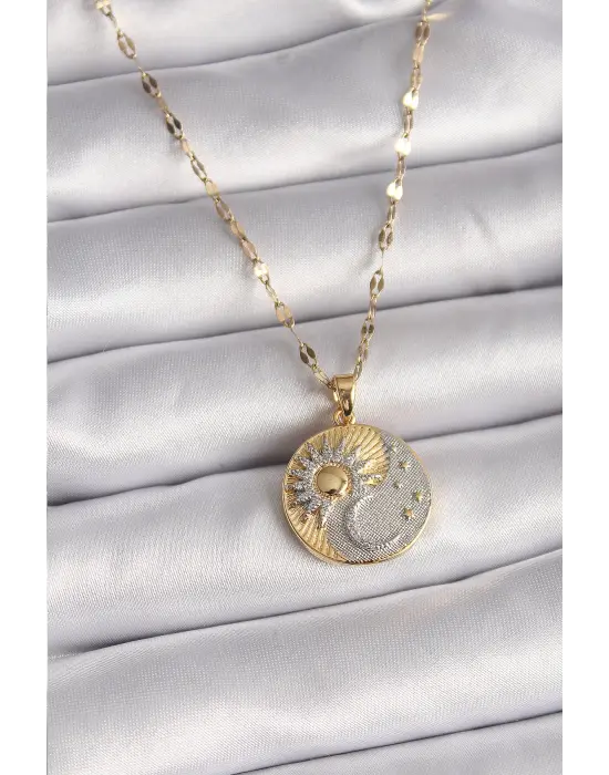  Mix  Zincir Zirkon Taşlı Gün Doğumu/Batımı Madalyon Model  Çelik Kolye