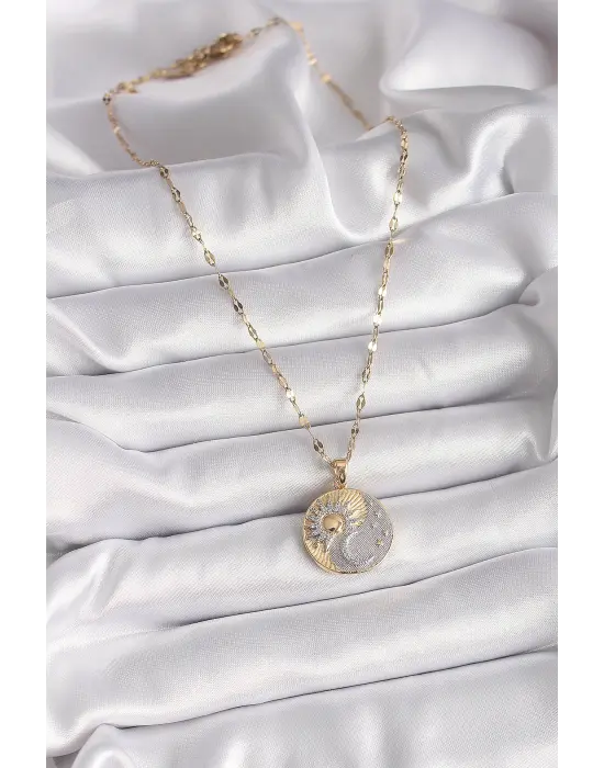  Mix  Zincir Zirkon Taşlı Gün Doğumu/Batımı Madalyon Model  Çelik Kolye