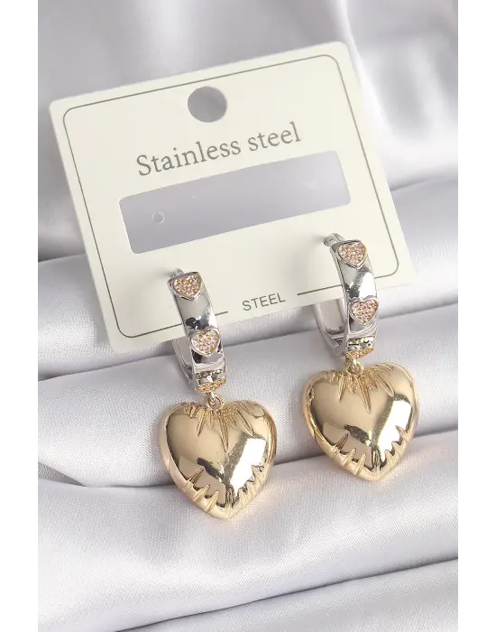   Mix Renk Zirkon Taşlı Kalp İşleme Detay Çelik Küpe