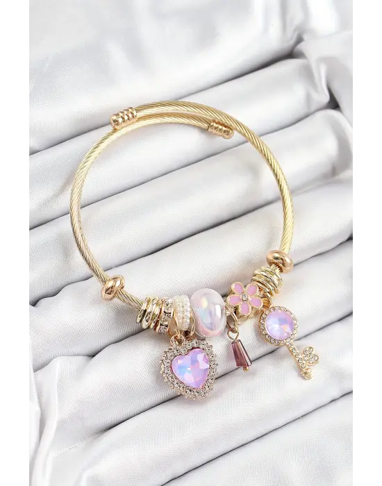 316L Çelik Mor Zirkon Taşlı Anahtar Ve Kalp Model Gold Renk Charm Bileklik