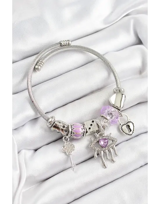 316L Çelik Mor Zirkon Taşlı Göz Kilit Ve Anahtar Model Gümüş Renk Charm Bileklik