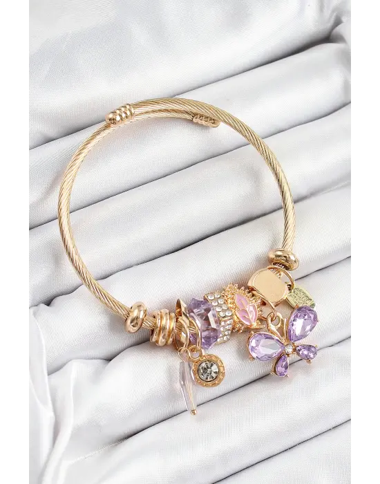 316L Çelik Mor Zirkon Taşlı Kelebek Model Gold Renk Charm Bileklik