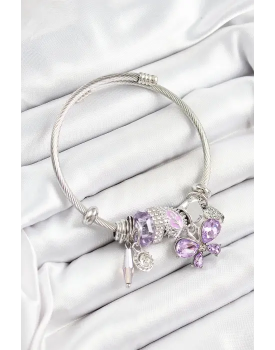316L Çelik Mor Zirkon Taşlı Kelebek Model Gümüş Renk Charm Bileklik