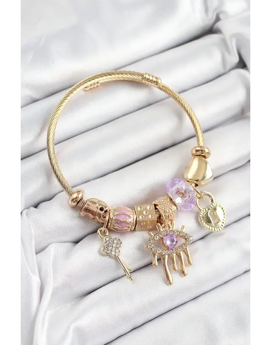 316L Çelik Mor Zirkon Taşlı Kilit Göz Ve Anahtar Model Gold Renk Charm Bileklik