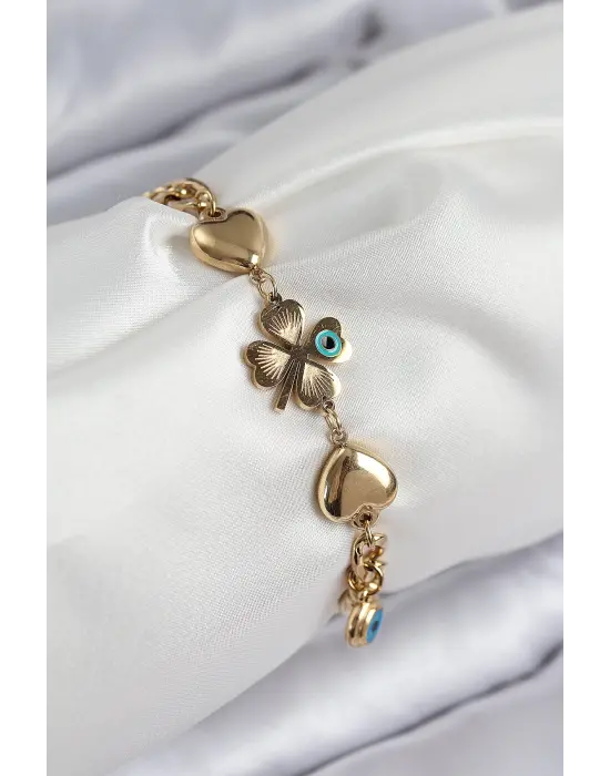 316L Çelik Nazar Boncuk Detaylı Yonca Model Gold Renk Kadın Bileklik