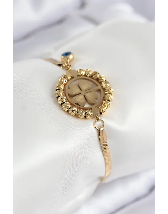 316L Çelik Nazar Boncuk Detaylı Yonca Model İtalyan Zincir Gold Renk Kadın Bileklik