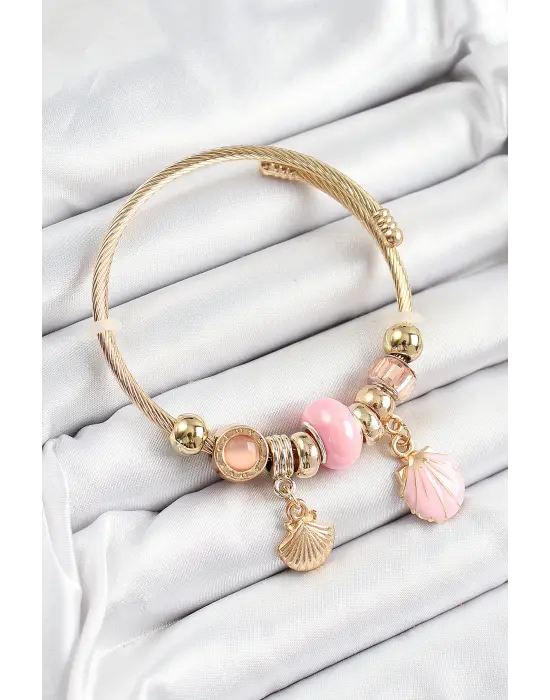 316L Çelik Pembe İstiridye Model Gold Renk Charm Bileklik