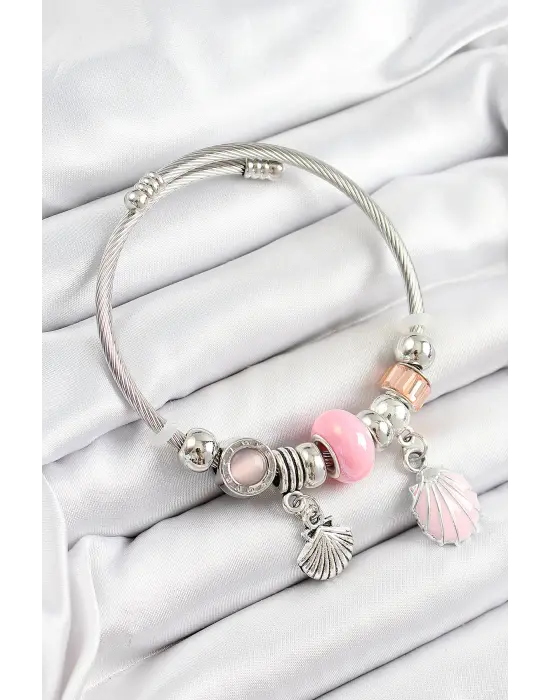 316L Çelik Pembe İstiridye Model Gümüş Renk Charm Bileklik