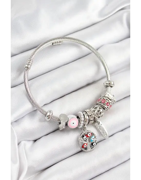 316L Çelik Pembe Nazarlı Zirkon Taşlı İnci Detaylı Hayat Ağacı Model Gümüş Renk Charm Bileklik