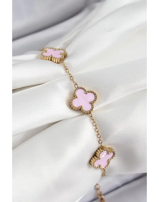 316L Çelik Pembe Sedef Yonca Model Gold Renk Kadın Bileklik