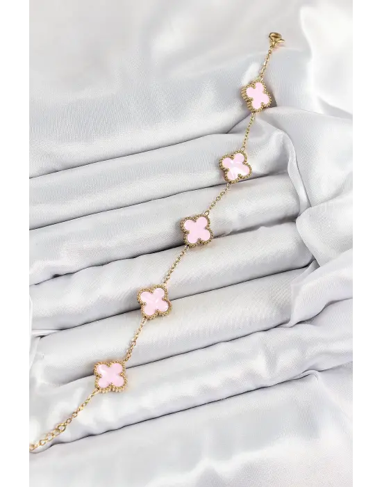 316L Çelik Pembe Sedef Yonca Model Gold Renk Kadın Bileklik
