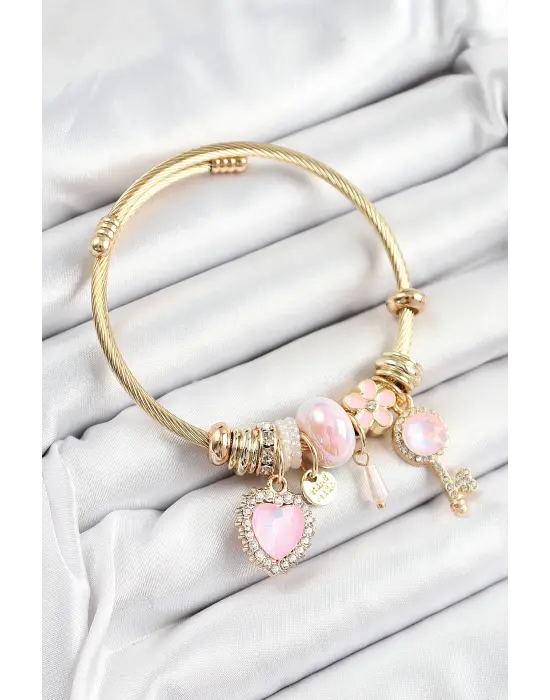 316L Çelik Pembe Zirkon Taşlı Anahtar Ve Kalp Model Gold Renk Charm Bileklik