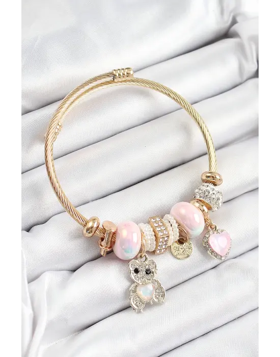 316L Çelik Pembe Zirkon Taşlı Ayıcık Ve Kalp Model Gold Renk Charm Bileklik