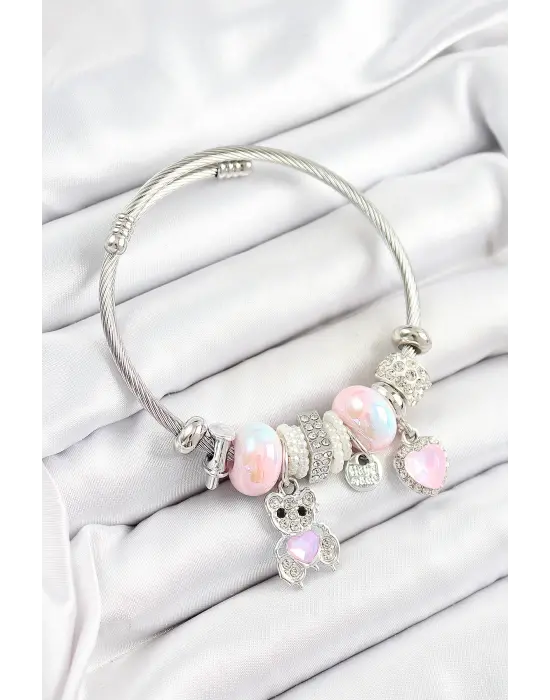 316L Çelik Pembe Zirkon Taşlı Ayıcık Ve Kalp Model Gümüş Renk Charm Bileklik