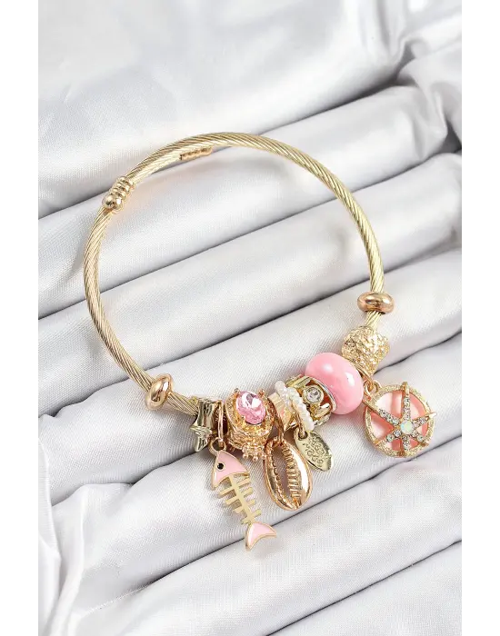 316L Çelik Pembe Zirkon Taşlı Balık Deniz Kabuğu Ve Deniz Yıldızı Model Gold Renk Charm Bileklik