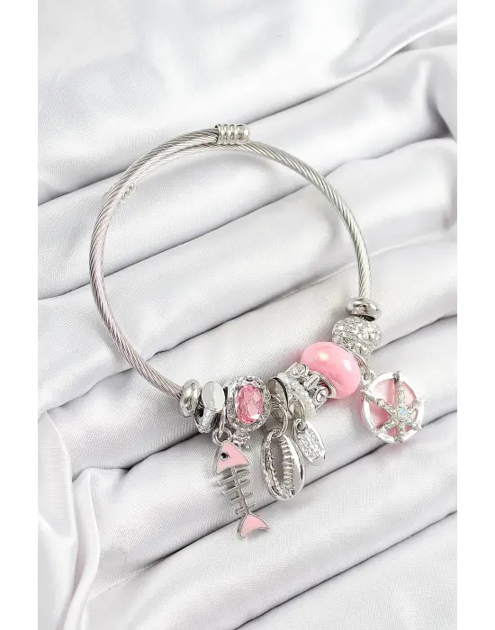 316L Çelik Pembe Zirkon Taşlı Balık Deniz Kabuğu Ve Deniz Yıldızı Model Gümüş Renk Charm Bileklik