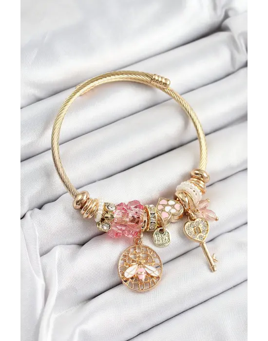 316L Çelik Pembe Zirkon Taşlı Baykuş Arı Ve Anahtar Model Gold Renk Charm Bileklik