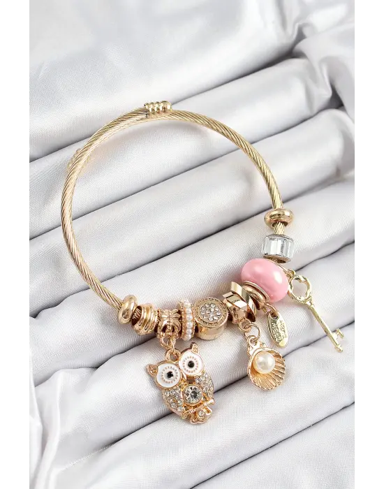 316L Çelik Pembe Zirkon Taşlı Baykuş İstiridye Ve Anahtar Model Gold Renk Charm Bileklik