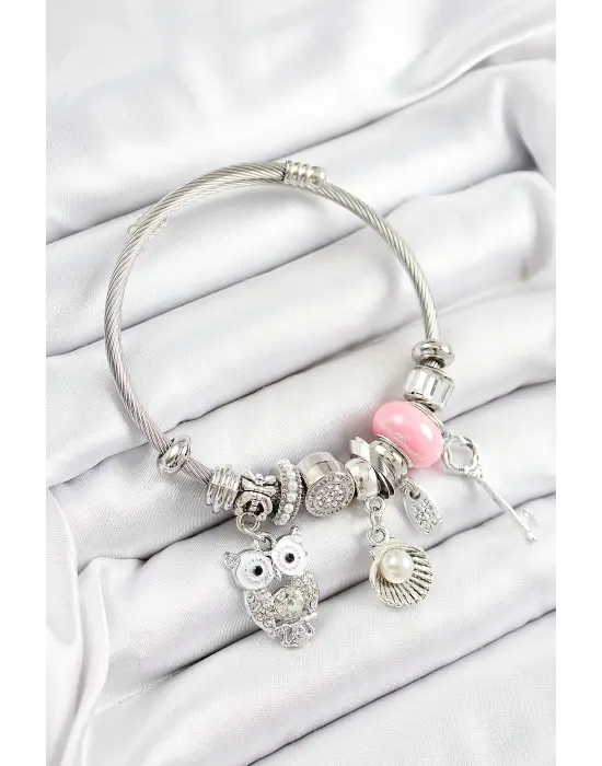 316L Çelik Pembe Zirkon Taşlı Baykuş İstiridye Ve Anahtar Model Gümüş Renk Charm Bileklik