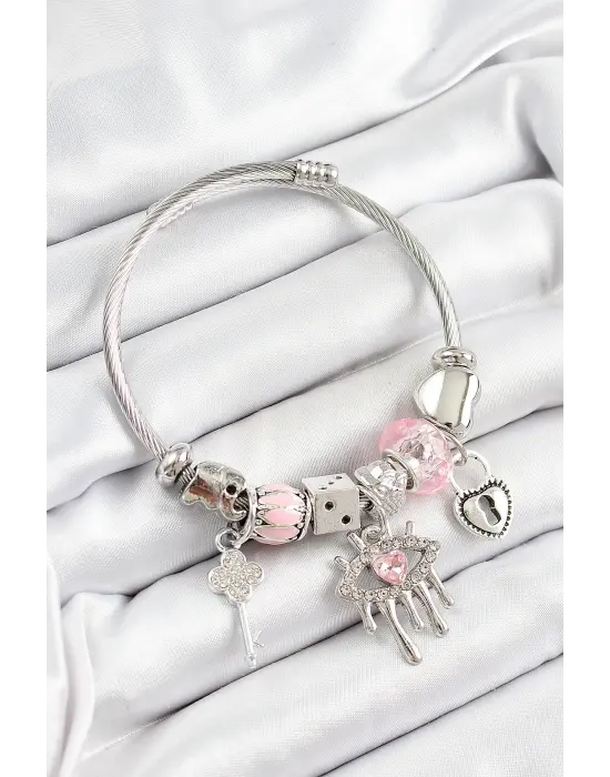 316L Çelik Pembe Zirkon Taşlı Göz Kilit Ve Anahtar Model Gümüş Renk Charm Bileklik