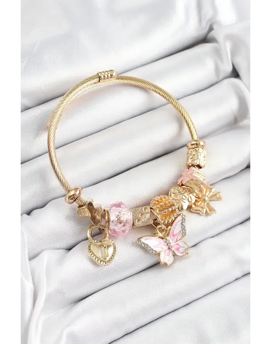 316L Çelik Pembe Zirkon Taşlı Kelebek Fiyonk Ve Kilit Model Gold Renk Charm Bileklik