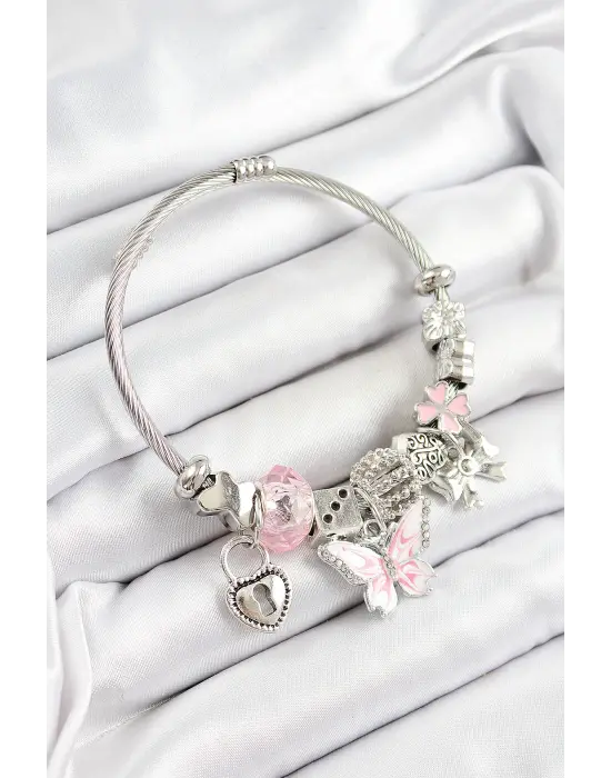 316L Çelik Pembe  Zirkon Taşlı Kelebek Fiyonk Ve Kilit Model Gümüş Renk Charm Bileklik