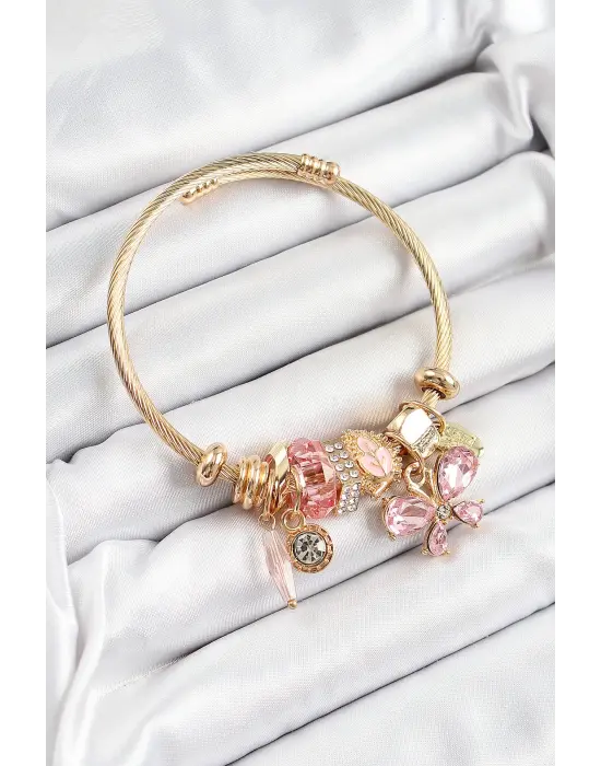 316L Çelik Pembe Zirkon Taşlı Kelebek Model Gold Renk Charm Bileklik