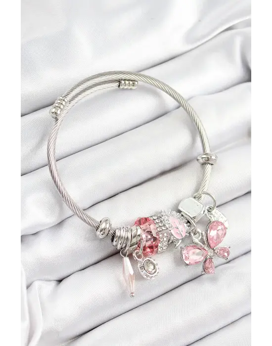 316L Çelik Pembe Zirkon Taşlı Kelebek Model Gümüş Renk Charm Bileklik