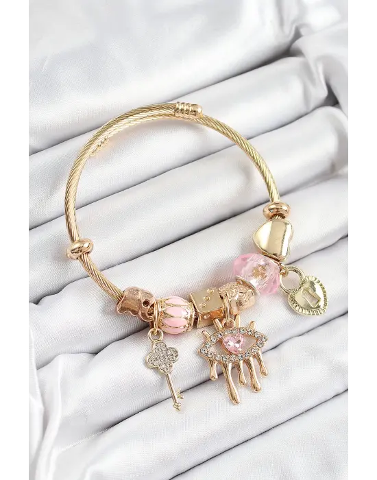 316L Çelik Pembe Zirkon Taşlı Kilit Göz Ve Anahtar Model Gold Renk Charm Bileklik