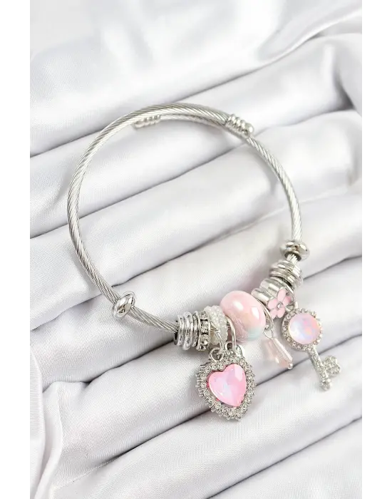 316L Çelik Pembe Zirkon Taşlı Yıldız Anahtar Ve Kalp Model Gümüş Renk Charm Bileklik