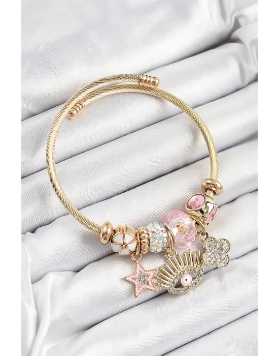 316L Çelik Pembe Zirkon Taşlı Yıldız Göz Ve Yonca Model Gold Renk Charm Bileklik
