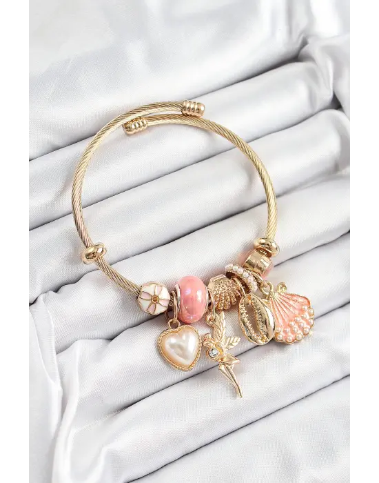 316L Çelik Pembe Zirkon Taşlı Yıldız Melek İstiridye Ve Kalp Model Gold Renk Charm Bileklik