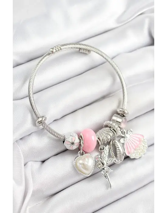 316L Çelik Pembe Zirkon Taşlı Yıldız Melek İstiridye Ve Kalp Model Gümüş Renk Charm Bileklik