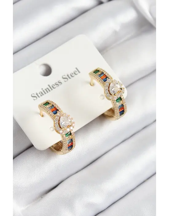 316L Çelik Renkli Zirkon Taşlı Kalpli Baget Halka Model Gold Renk Kadın Küpe