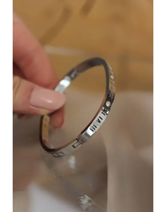 316L Çelik Roma Rakamlı Silver Renk Bilezik Kelepçe