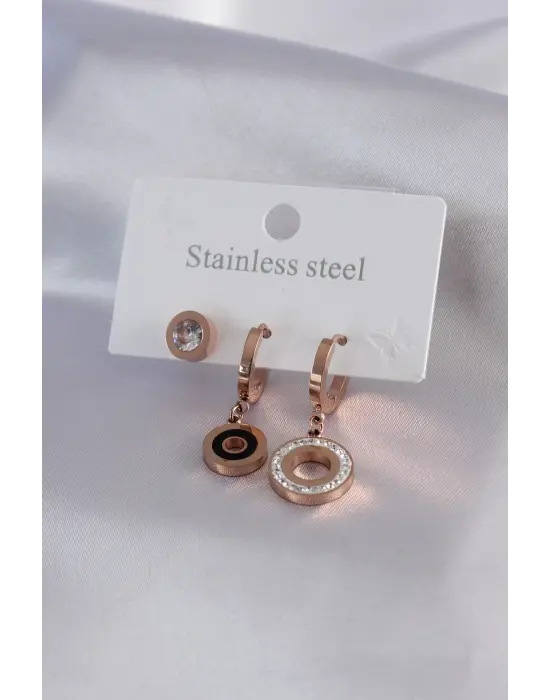 316L Çelik Rose Renk Daire Model Zirkon Taş Detay Kadın Küpe Kombini